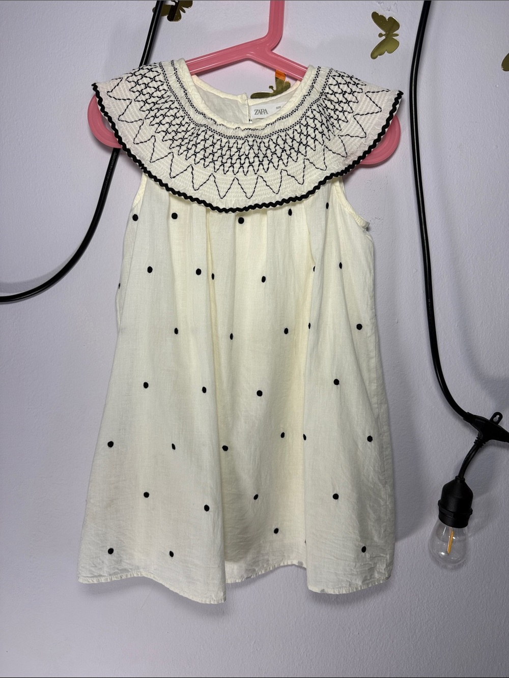Zara Cream Dress with Black Polka Dots and Smocked Collar Accent
